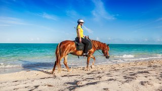 Frau auf Pferd am Strand